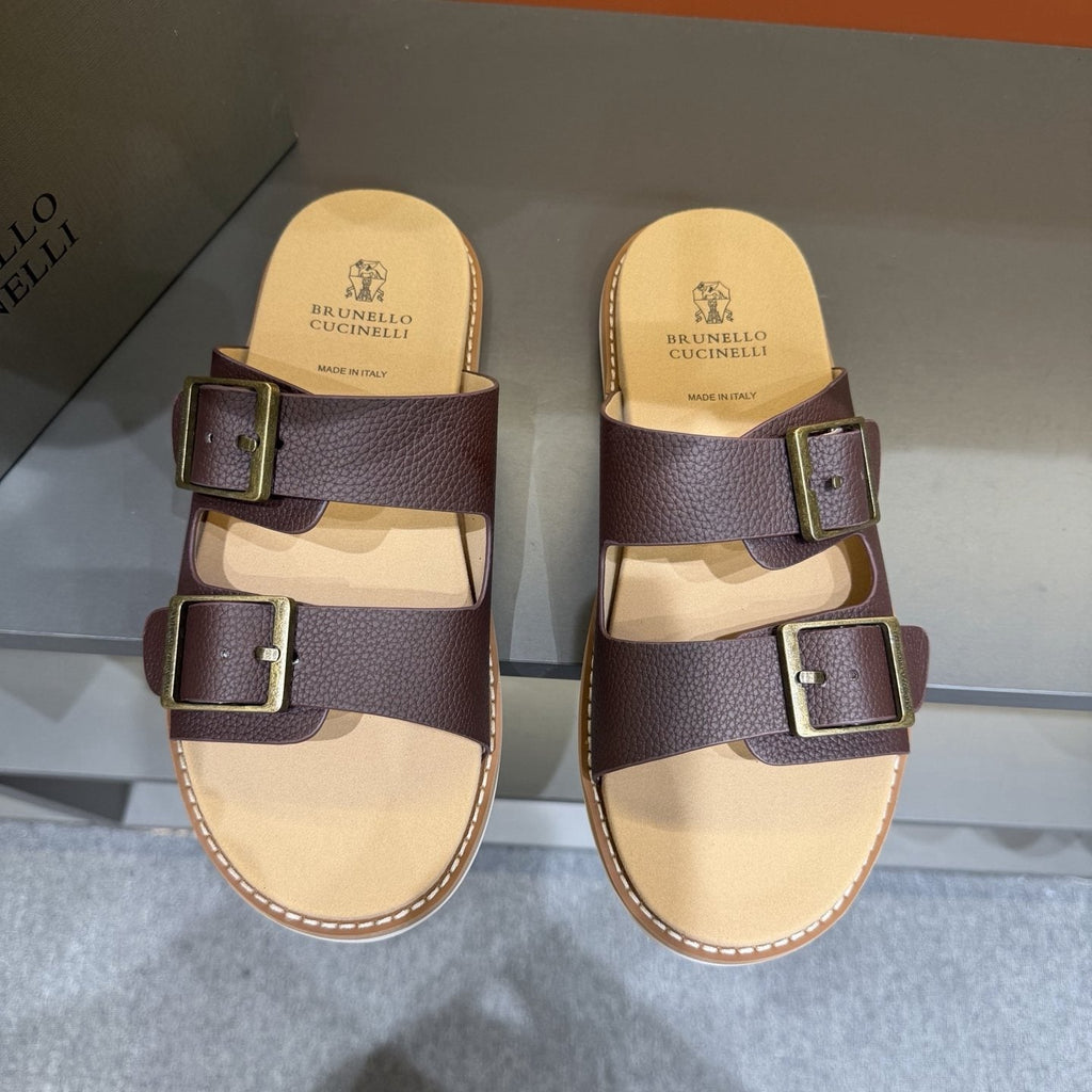 Brunello Cucinelli Men's Double-Buckle Slide Sandals - Contrast Stitching
